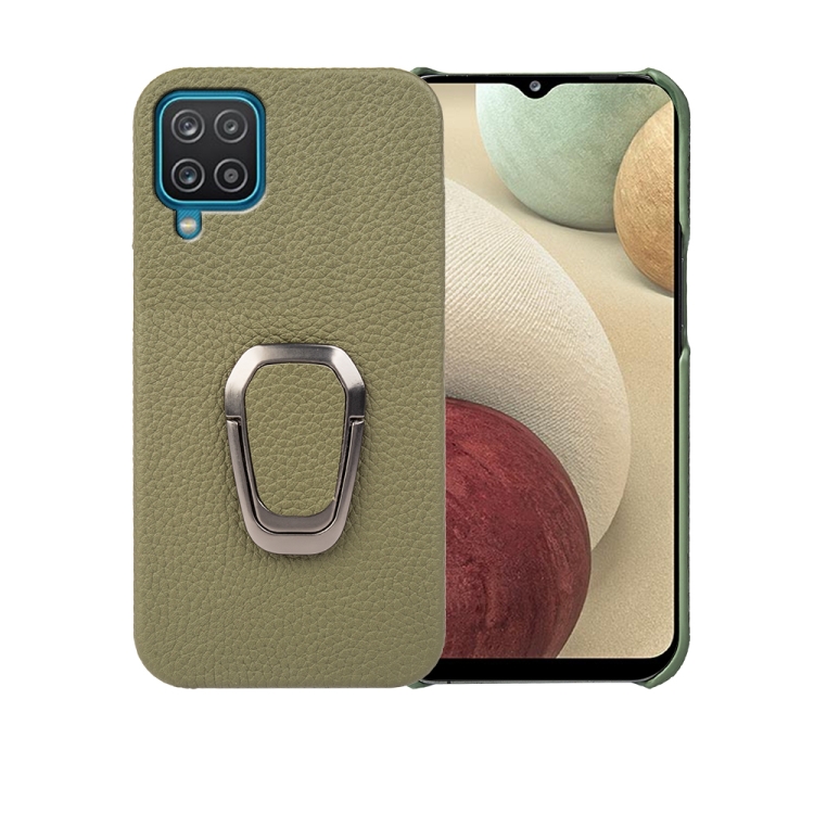 

For Samsung Galaxy A12 Ring Holder Litchi Texture Genuine Leather Phone Case(Green)