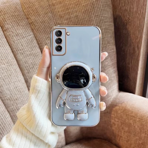 

For Samsung Galaxy S22 Ultra 5G Plating Astronaut Holder Phone Case(Blue)