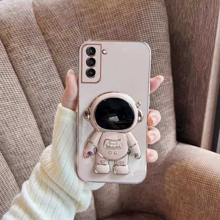 

For Samsung Galaxy A20 Plating Astronaut Holder Phone Case(Pink)