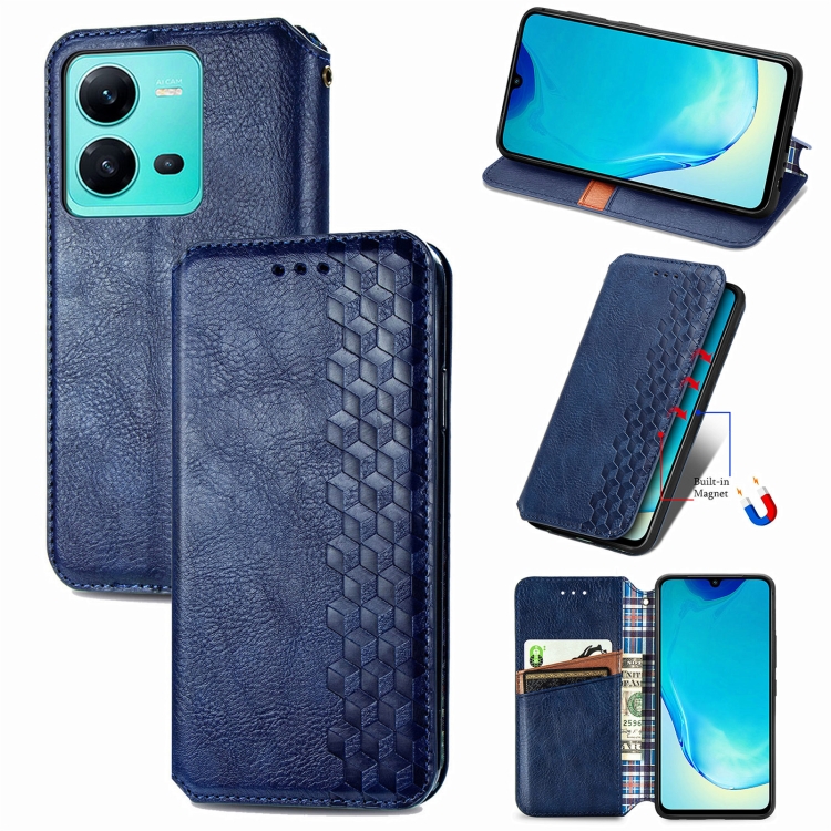 

For vivo V25 Cubic Grid Pressed Magnetic Leather Phone Case(Blue)