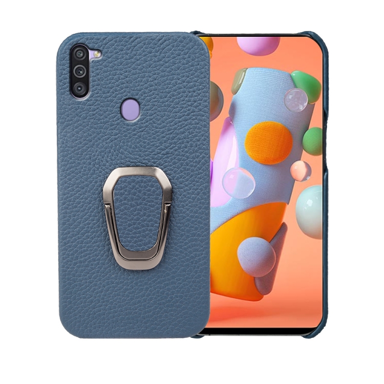 

For Samsung Galaxy A11 EU Version Ring Holder Litchi Texture Genuine Leather Phone Case(Blue)