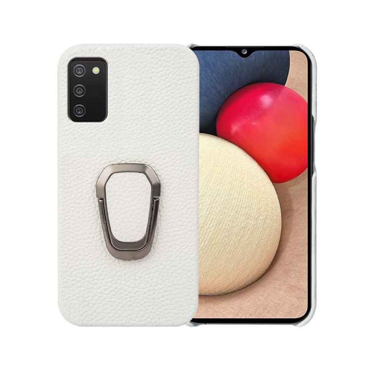 

For Samsung Galaxy A02s US Version Ring Holder Litchi Texture Genuine Leather Phone Case(White)