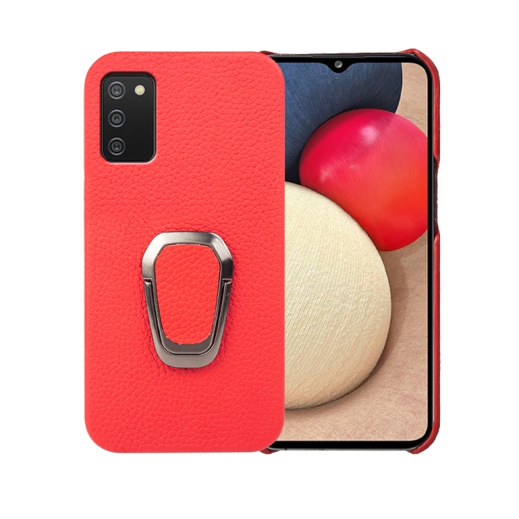 

For Samsung Galaxy A02s EU Version Ring Holder Litchi Texture Genuine Leather Phone Case(Red)