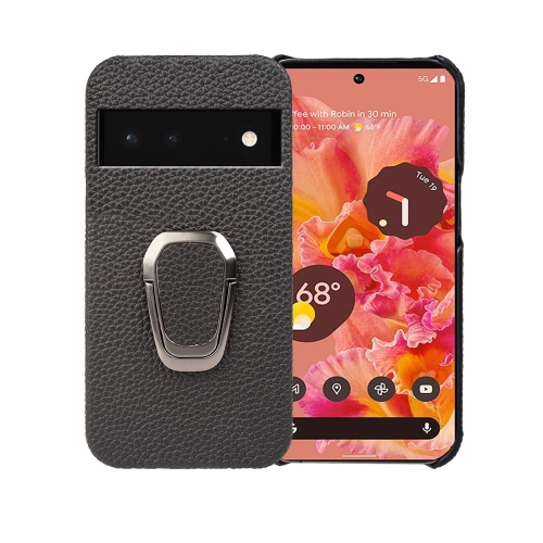 

For Google Pixel 6 Ring Holder Litchi Texture Genuine Leather Phone Case(Black)