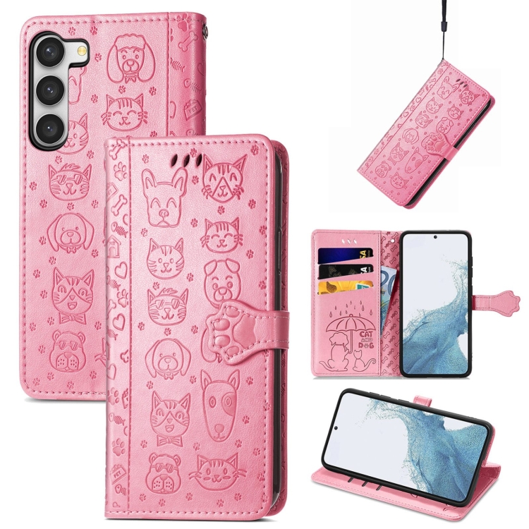

For Samsung Galaxy S23 5G Cute Cat and Dog Embossed Leather Phone Case(Pink)