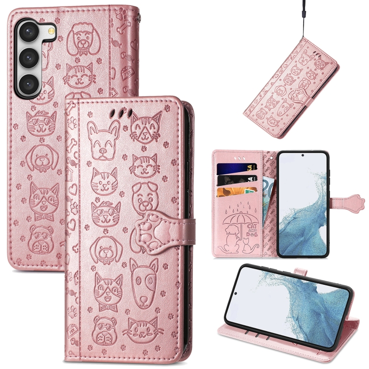

For Samsung Galaxy S23 Ultra 5G Cute Cat and Dog Embossed Leather Phone Case(Rose Gold)