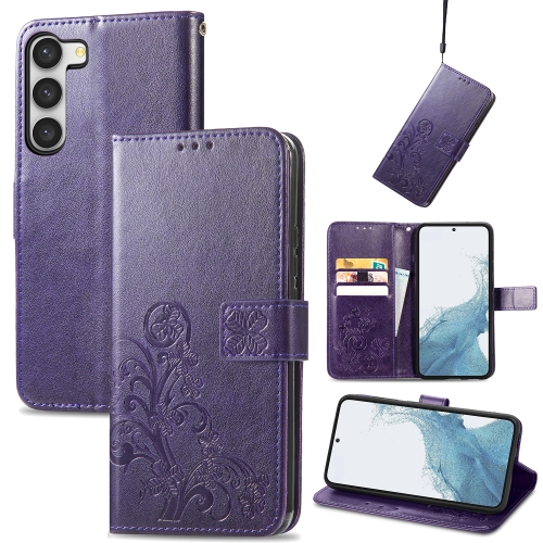 

For Samsung Galaxy S23 5G Four-leaf Clasp Embossed Buckle Leather Phone Case(Purple)