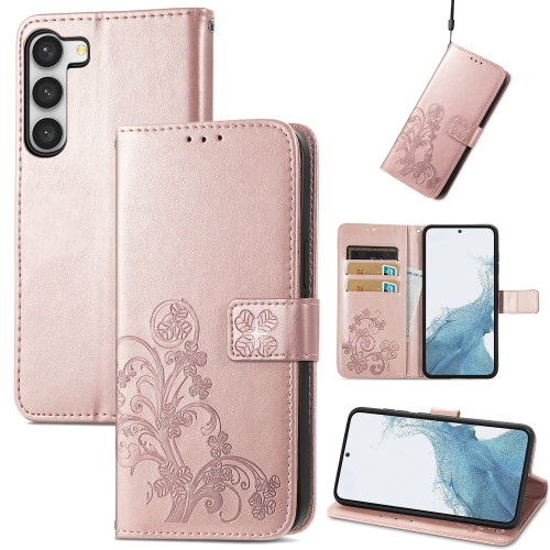 

For Samsung Galaxy S23+ 5G Four-leaf Clasp Embossed Buckle Leather Phone Case(Rose Gold)