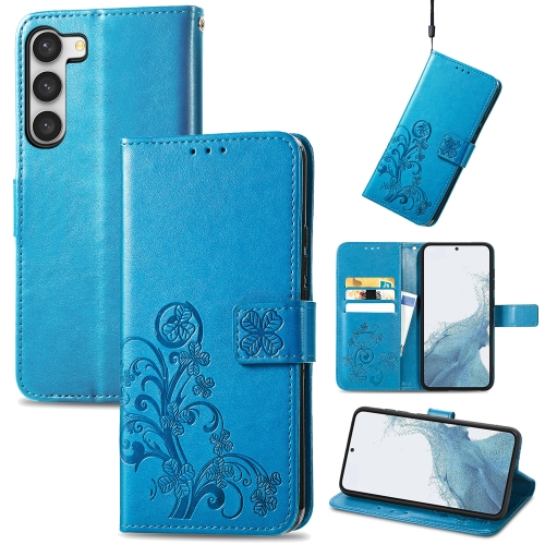 

For Samsung Galaxy S23+ 5G Four-leaf Clasp Embossed Buckle Leather Phone Case(Blue)