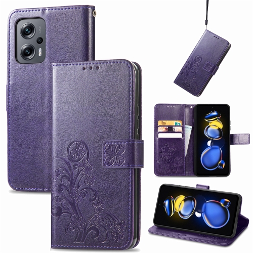 

For Xiaomi Redmi Note 11T Four-leaf Clasp Embossed Buckle Leather Phone Case(Purple)