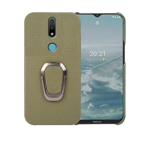 

For Nokia 2.4 Ring Holder Litchi Texture Genuine Leather Phone Case(Green)