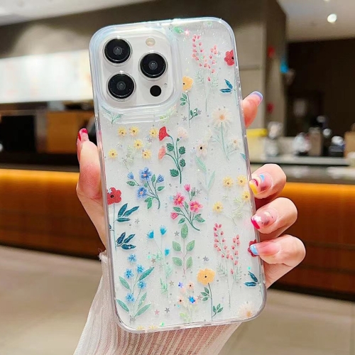 

For iPhone 15 Pro Fresh Small Floral Phone Case Drop Glue Protective Cover(D04 Colorful Floral)