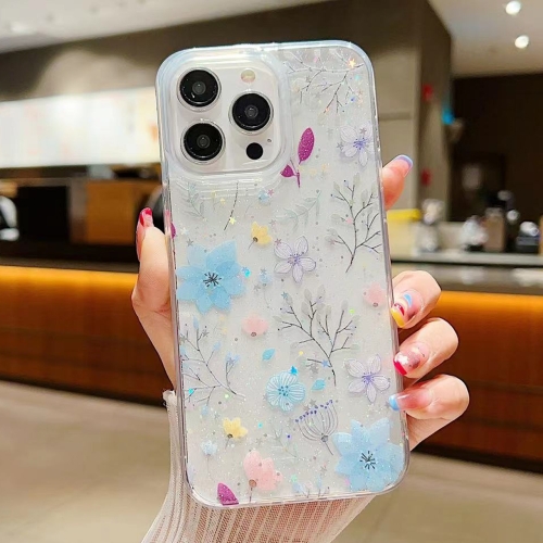 For iPhone 15 Pro Fresh Small Floral Phone Case  Drop Glue Protective Cover(D05 Blue Floral) 2pcs outdoor faucet cover for winter freeze protection self sealing easy install spigot cover reusable outdoor faucet protector