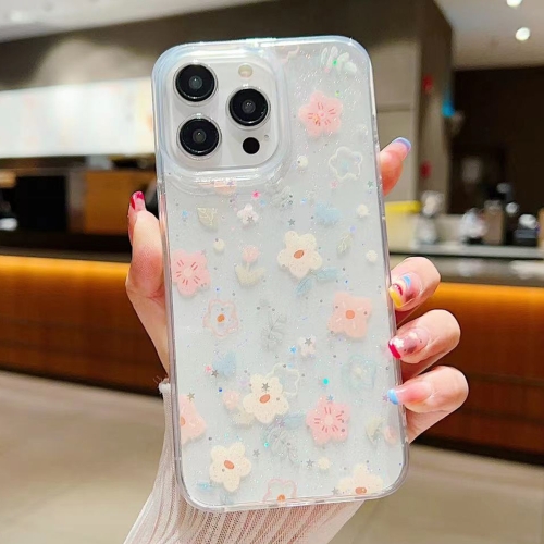 

For iPhone 15 Pro Max Fresh Small Floral Phone Case Drop Glue Protective Cover(D02 Hand-painted Flower)