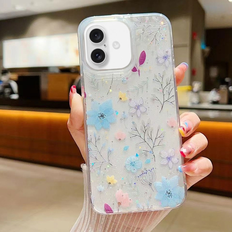 

For iPhone 16 Fresh Small Floral Epoxy TPU Phone Case(D05 Blue Floral)
