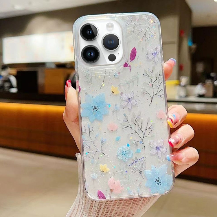 

For iPhone 16 Pro Fresh Small Floral Epoxy TPU Phone Case(D05 Blue Floral)