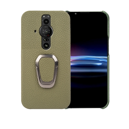

For Sony Xperia Pro-l Ring Holder Litchi Texture Genuine Leather Phone Case(Green)