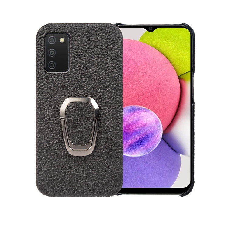 

For Samsung Galaxy A03s Ring Holder Litchi Texture Genuine Leather Phone Case(Black)