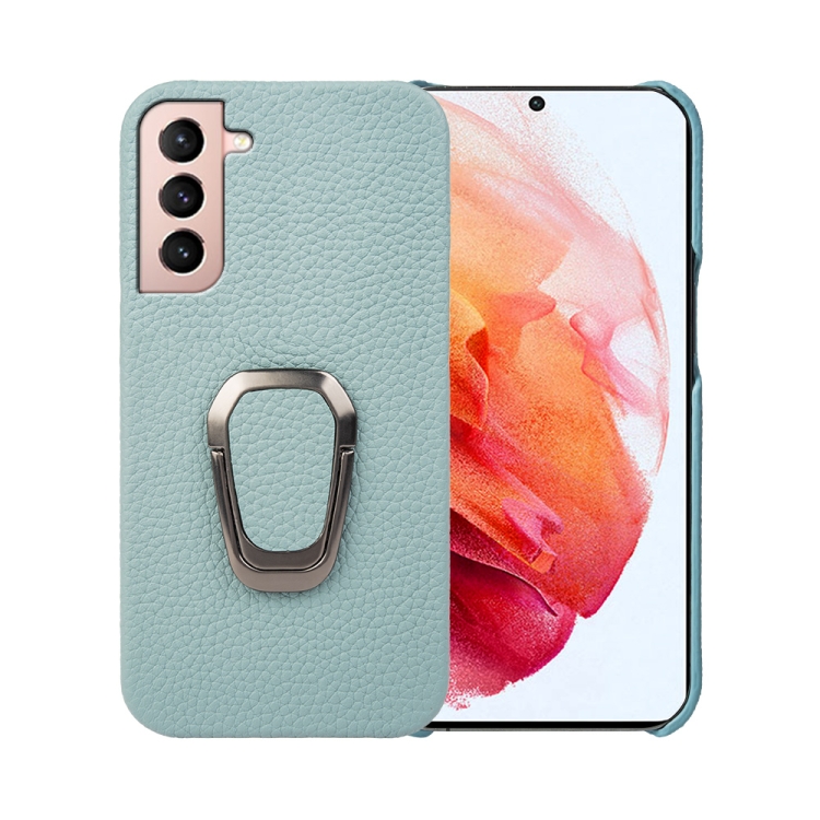

For Samsung Galaxy S21 Ring Holder Litchi Texture Genuine Leather Phone Case(Cyan)