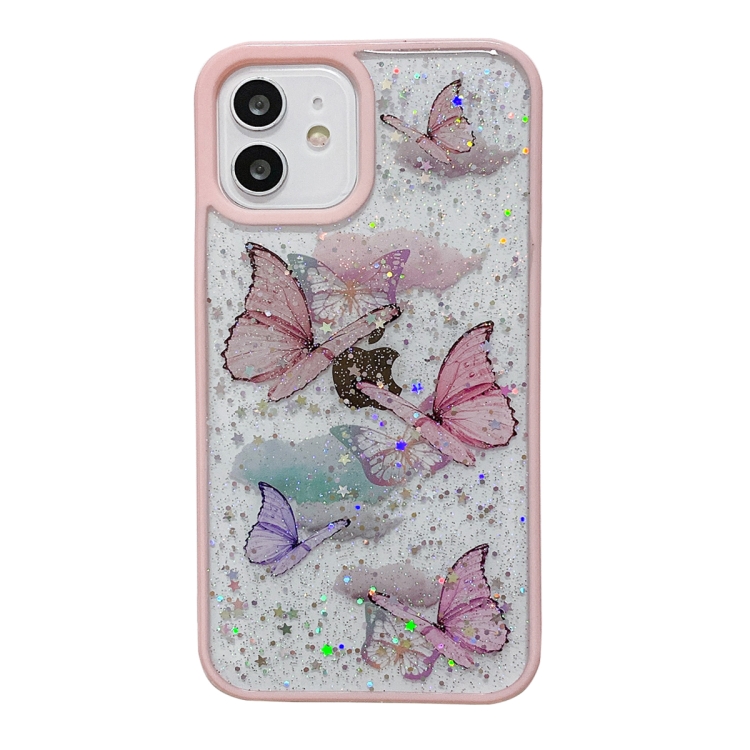 

For iPhone 14 Plus Color Butterfly Glitter Epoxy TPU Phone Case(Pink)