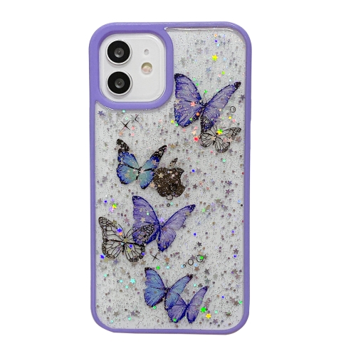 

For iPhone 14 Plus Color Butterfly Glitter Epoxy TPU Phone Case(Purple)