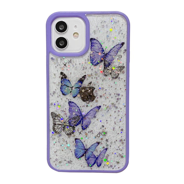 

For iPhone 12 Color Butterfly Glitter Epoxy TPU Phone Case(Purple)