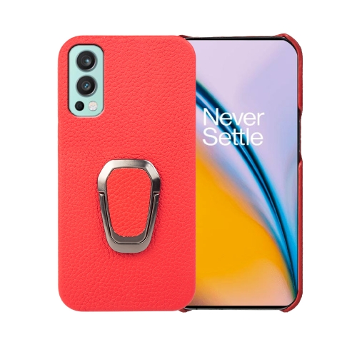 

For OnePlus Nord 2 5G Ring Holder Litchi Texture Genuine Leather Phone Case(Red)