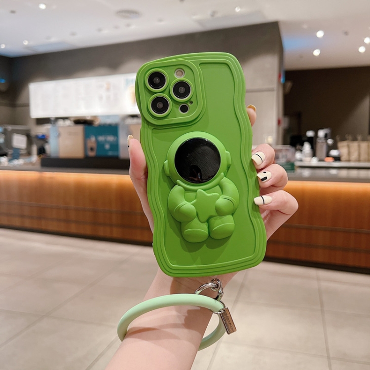 

For iPhone 14 Plus 3D Astronaut Holder Skin-feel Silicone Phone Case with Wristband(Green)
