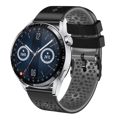 

For Huawei Watch GT3 46mm 22mm Perforated Two-Color Silicone Watch Band(Black+Grey)