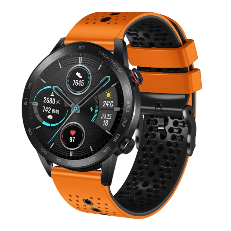 

For Honor Magic Watch 2 46mm 22mm Perforated Two-Color Silicone Watch Band(Orange+Black)