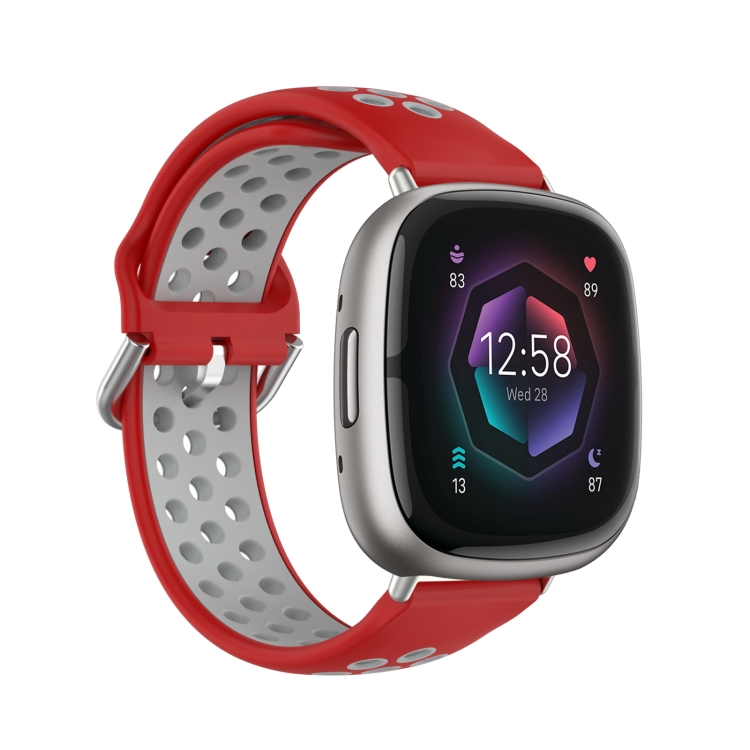 

For Fitbit Sense Two-Color Perforated Breathable Silicone Watch Band(Red+Grey)