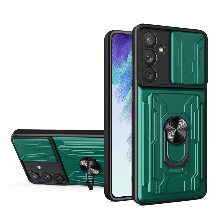 

For Samsung Galaxy A54 5G Sliding Camshield Phone Case with Card Slot(Dark Green)