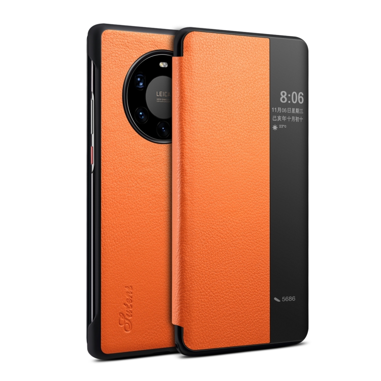 

For Huawei Mate 40 Pro Suteni Genuine Leather Side Window View Smart Phone Case(Orange)