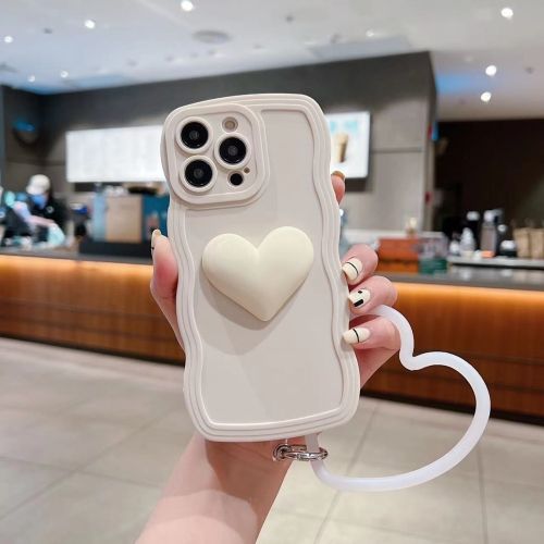 

For iPhone 14 Pro 3D Heart Skin-Feel Silicone Phone Case with Wristband(White)