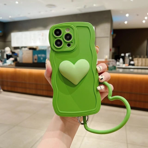 

For iPhone 14 3D Heart Skin-Feel Silicone Phone Case with Wristband(Green)