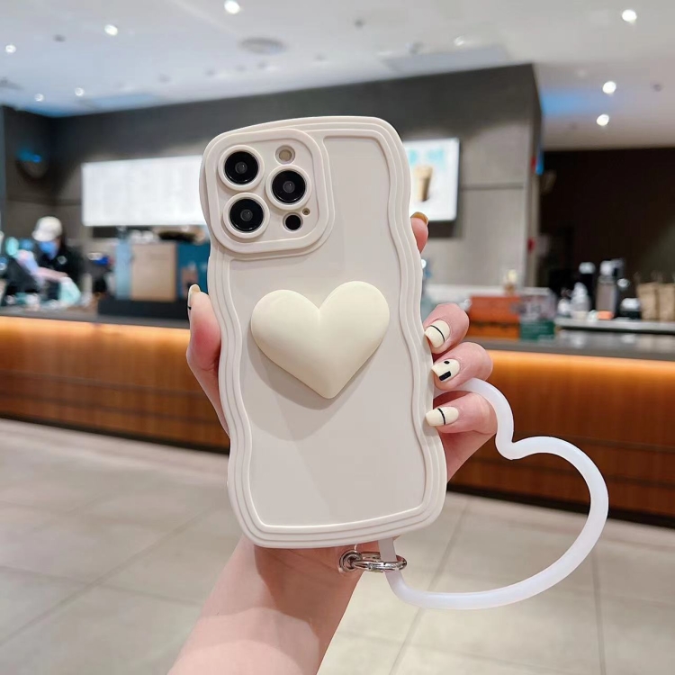 

For iPhone 12 3D Heart Skin-Feel Silicone Phone Case with Wristband(White)