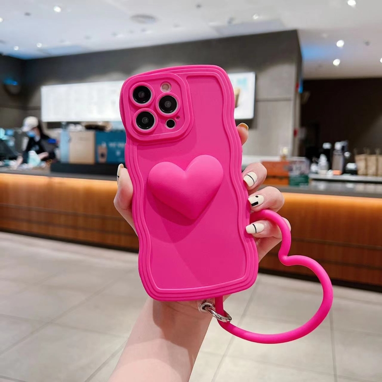 

For iPhone 11 Pro 3D Heart Skin-Feel Silicone Phone Case with Wristband(Rose Red)
