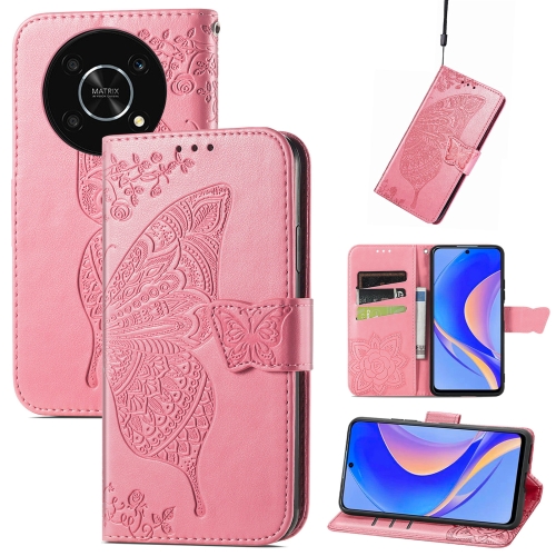 

For Huawei nova Y90 Butterfly Love Flower Embossed Horizontal Flip Leather Case with Bracket / Card Slot / Wallet / Lanyard(Pink)