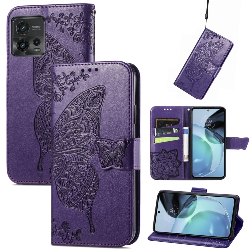 

For Motorola Moto G72 Butterfly Love Flower Embossed Horizontal Flip Leather Case with Bracket / Card Slot / Wallet / Lanyard(Dark Purple)