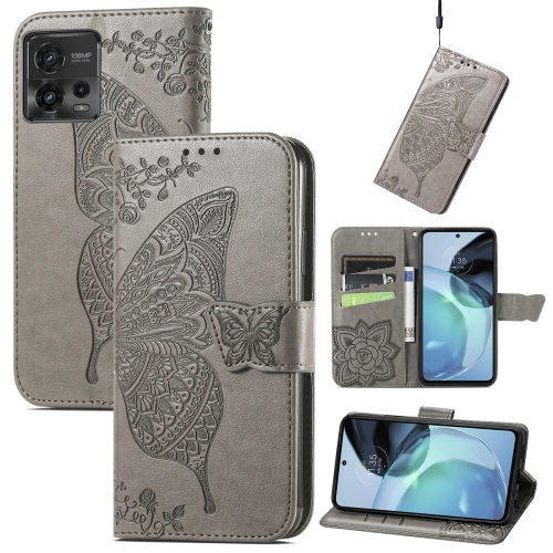 

For Motorola Moto G72 Butterfly Love Flower Embossed Horizontal Flip Leather Case with Bracket / Card Slot / Wallet / Lanyard(Gray)