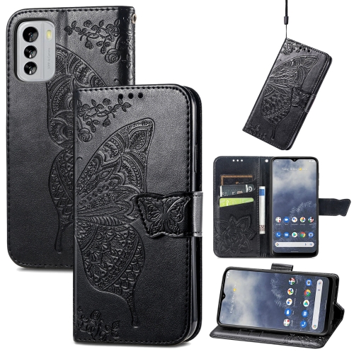 

For Nokia G60 Butterfly Love Flower Embossed Horizontal Flip Leather Case with Bracket / Card Slot / Wallet / Lanyard(Black)