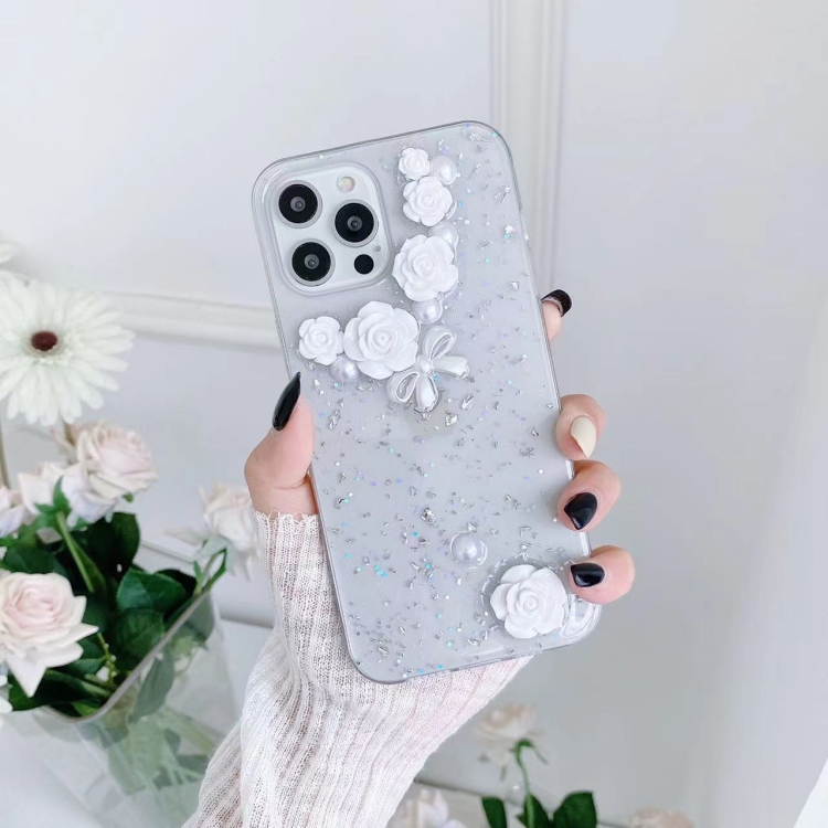 

For iPhone 14 Pro 3D Pearl Bow Rose Glitter Epoxy TPU Phone Case(White)
