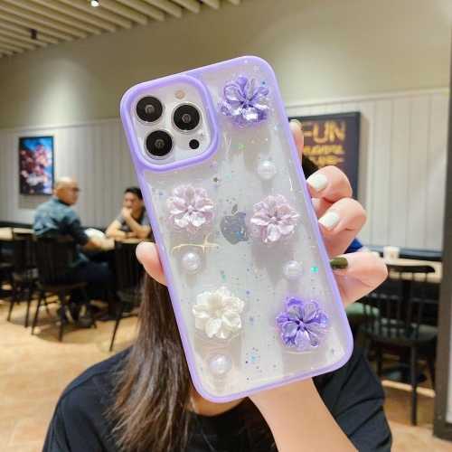 

For iPhone 14 Pro Max 3D Bow Flowers Glitter Epoxy TPU Phone Case(Purple)