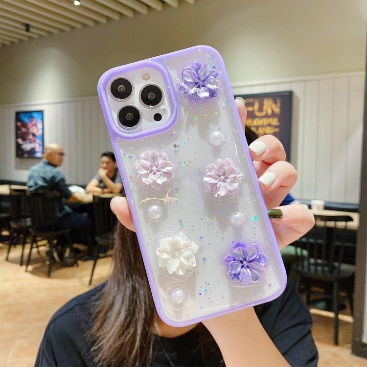 

For iPhone 13 mini 3D Bow Flowers Glitter Epoxy TPU Phone Case(Purple)