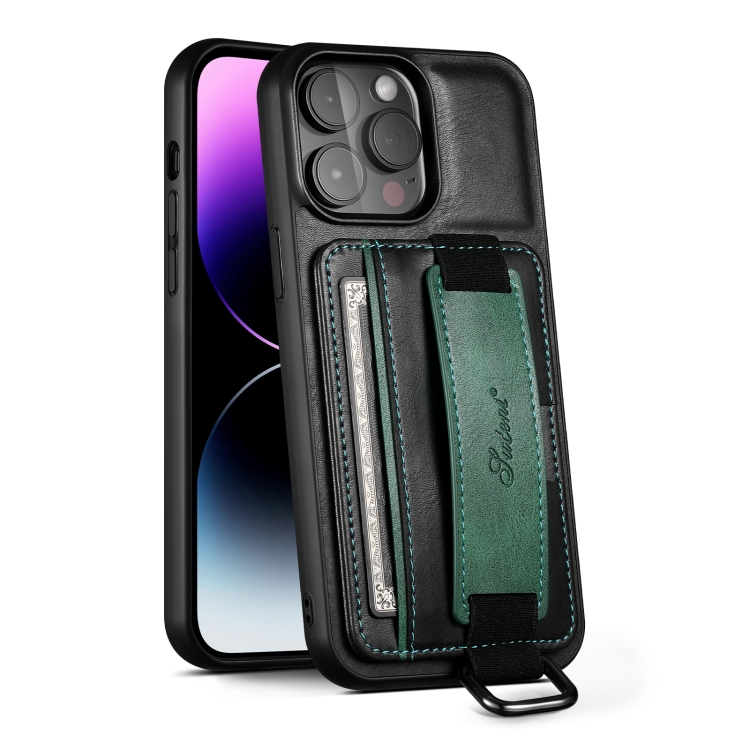 

For iPhone 12 Pro Max Suteni H13 Card Wallet Wrist Strap Holder PU Phone Case(Black)