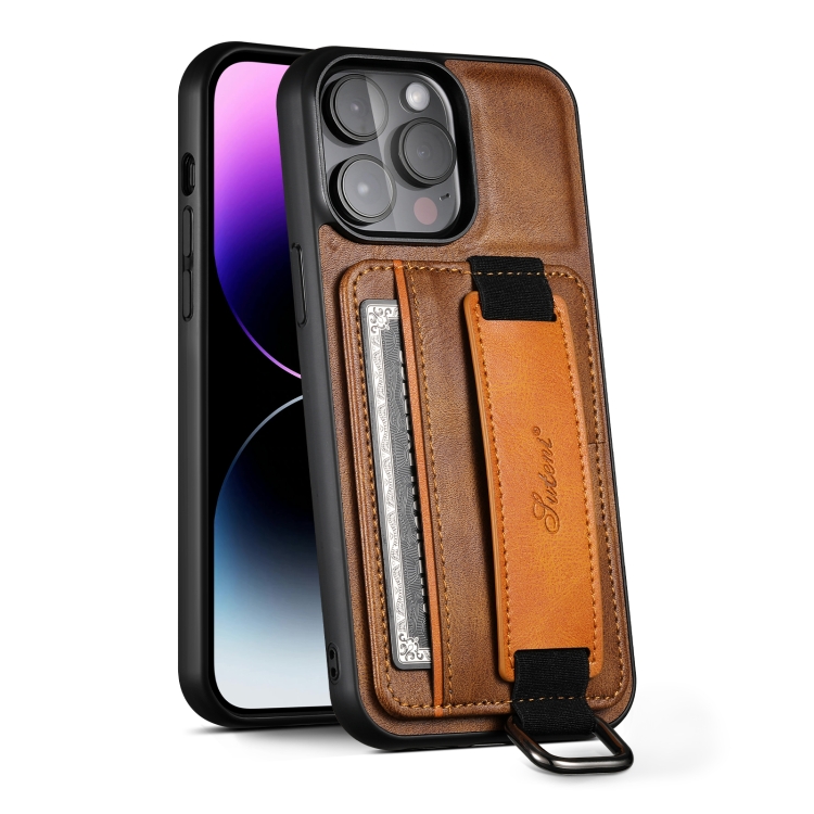 

For iPhone 14 Pro Suteni H13 Card Wallet Wrist Strap Holder PU Phone Case(Brown)