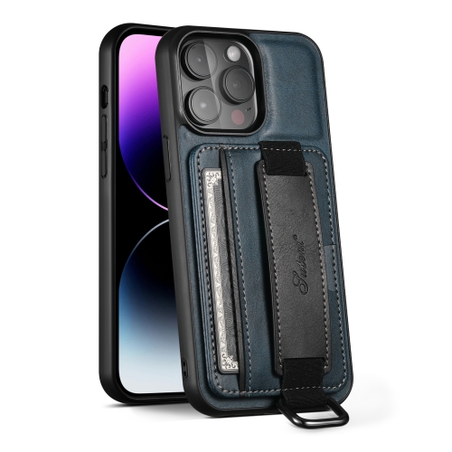 For iPhone 14 Pro Max Suteni H13 Card Wallet Wrist Strap Holder PU Phone Case(Blue)
