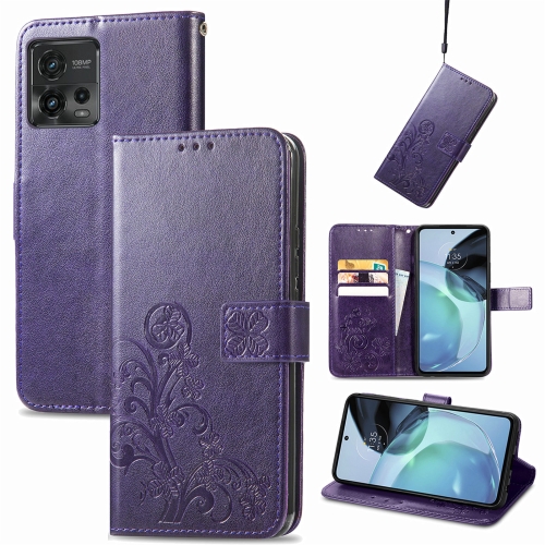 

For Motorola Moto G72 Four-leaf Clasp Embossed Leather Phone Case(Purple)