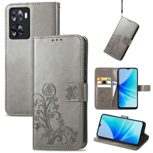 

For OPPO A57 4G Four-leaf Clasp Embossed Buckle Leather Phone Case(Gray)