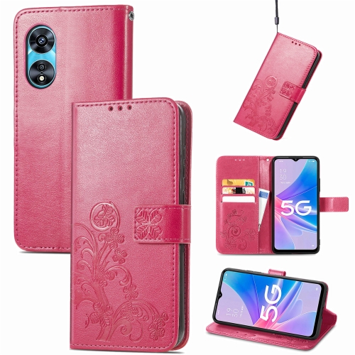 

For OPPO A97 5G Four-leaf Clasp Embossed Buckle Leather Phone Case(Magenta)